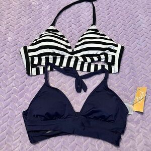Kona Sol Black and White Striped Bikini Top with Navy Bikini Top